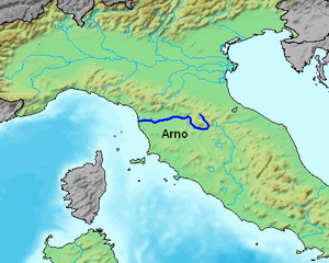 Ligging van die Arno-rivier in Italië.