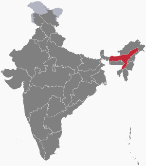 'n Kaart van Indië met Assam in rooi.
